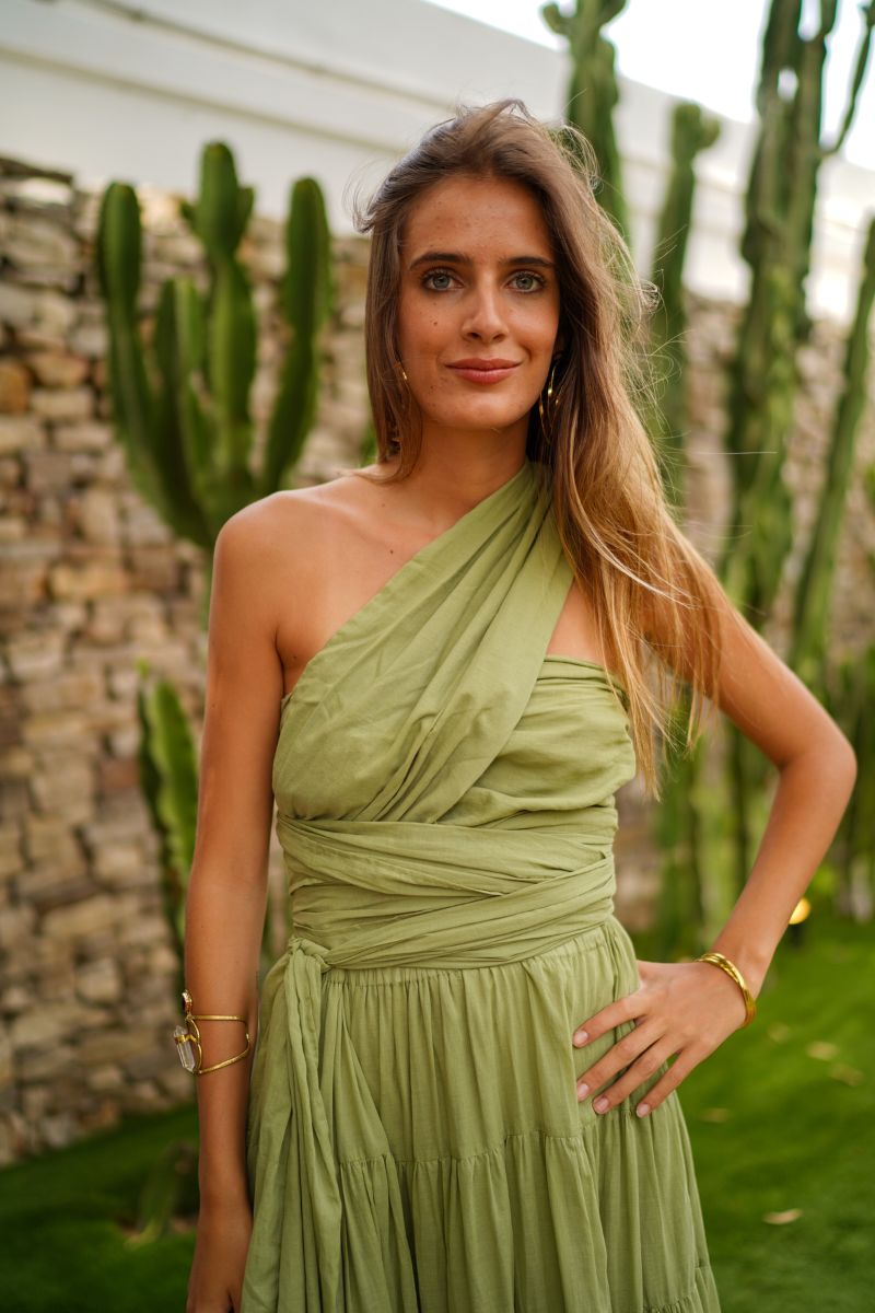 Women's Solid Green Flared Floor-Length Dress