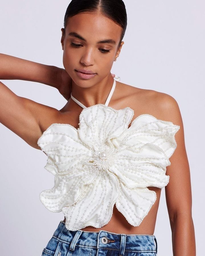 Bold Bloom Statement Floral Top with Pearl Embellishments