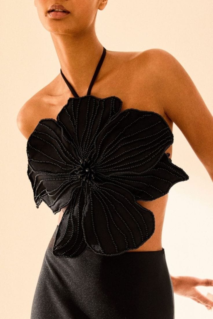 Bold Bloom Statement Floral Top with Pearl Embellishments