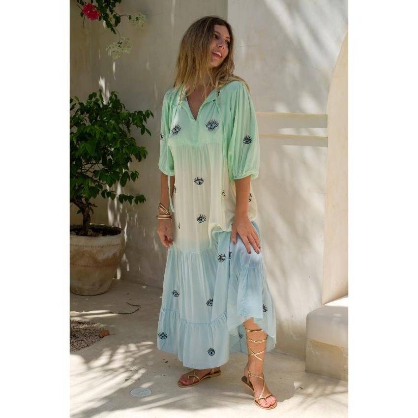 Women's Western Tie-Dye Cotton Eye Print V-Neck Floor-Length Dress