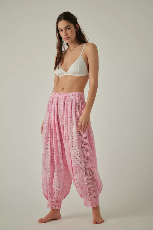 Pink Embroidered Boho Pants