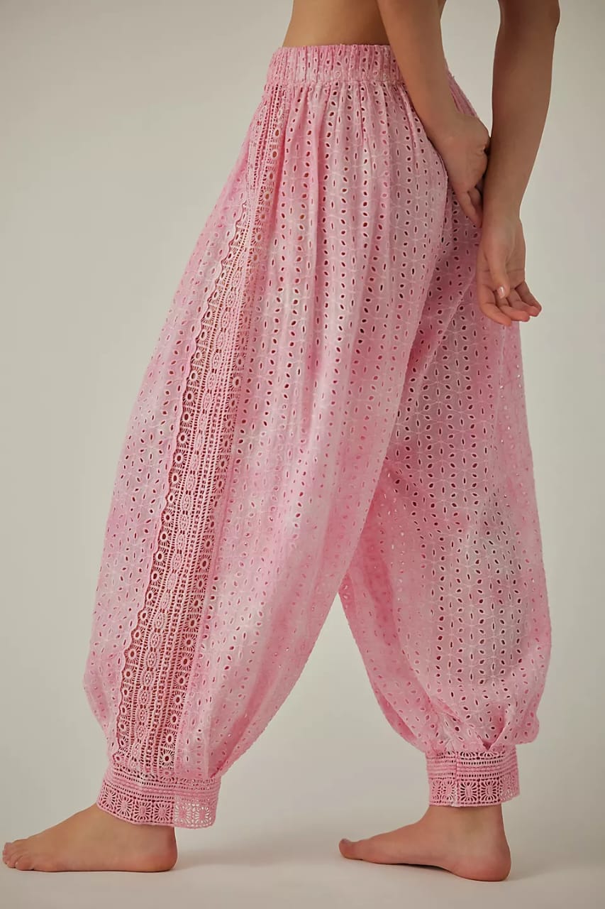 Pink Embroidered Boho Pants