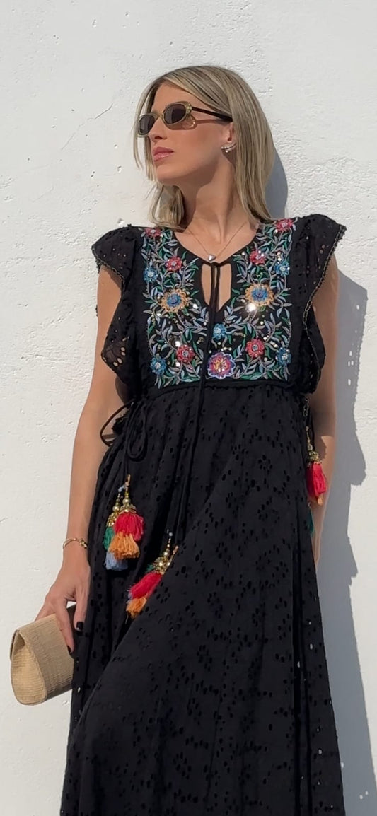 Women's Cotton Embroidered Flared Floor-Length SleevelessBlack Dress