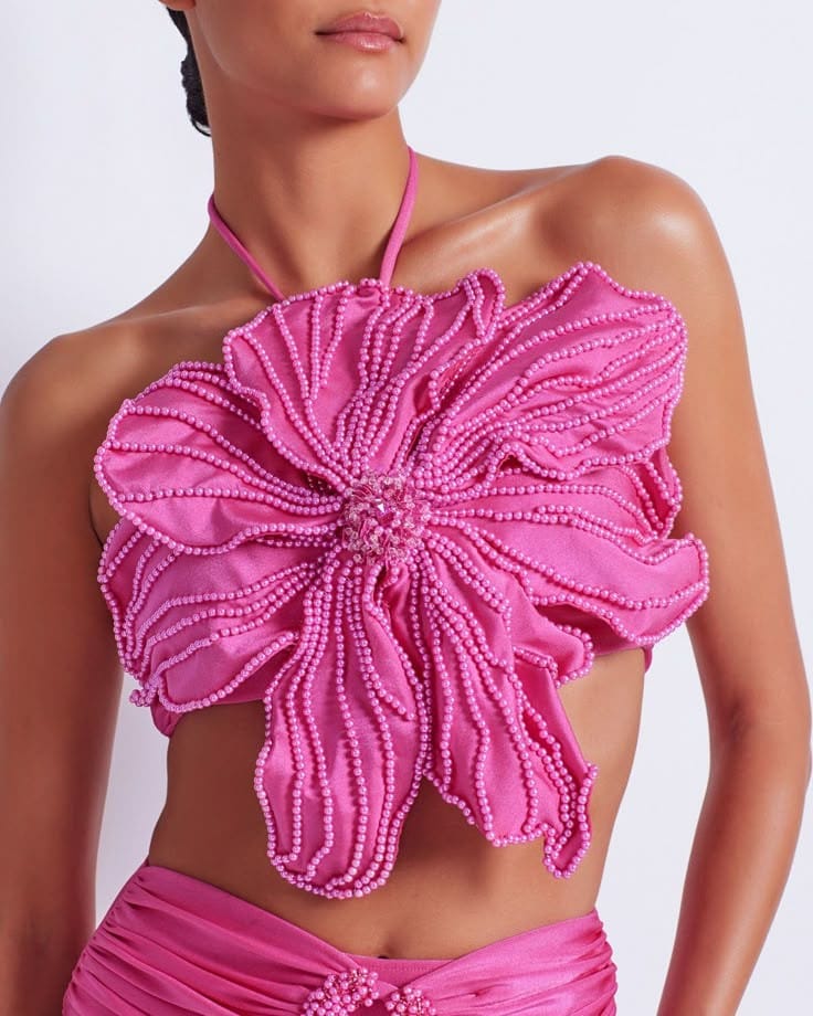 Bold Bloom Statement Floral Top with Pearl Embellishments
