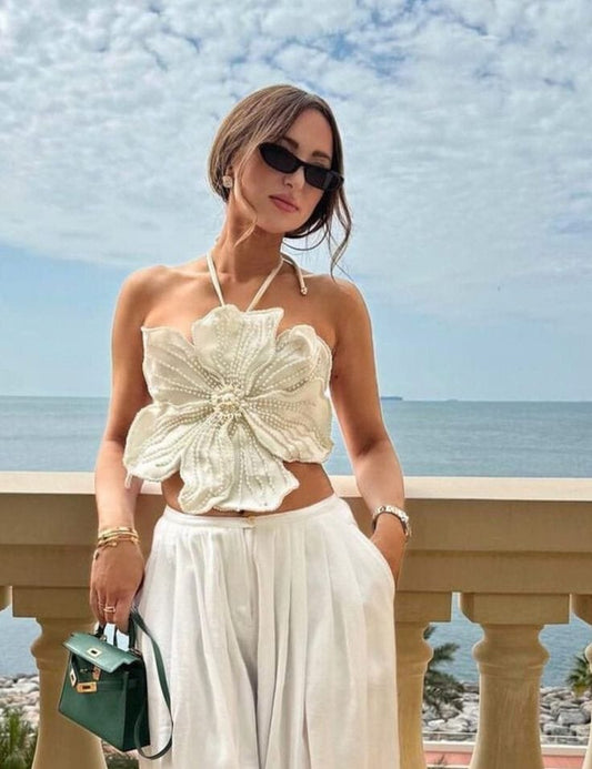 Bold Bloom Statement Floral Top with Pearl Embellishments