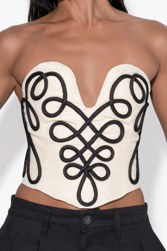 Embroidered Sweetheart Neckline Corset Top with Black Swirl Detailing