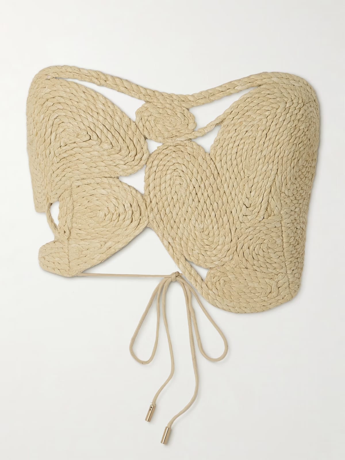 woven bandeau-style crop top. It is crafted from a natural, straw-like rope material, giving it a rustic, handcrafted, and beachy aesthetic