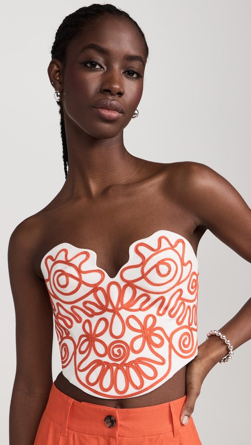Embroidered Sweetheart Neckline Corset Top with Black Swirl Detailing