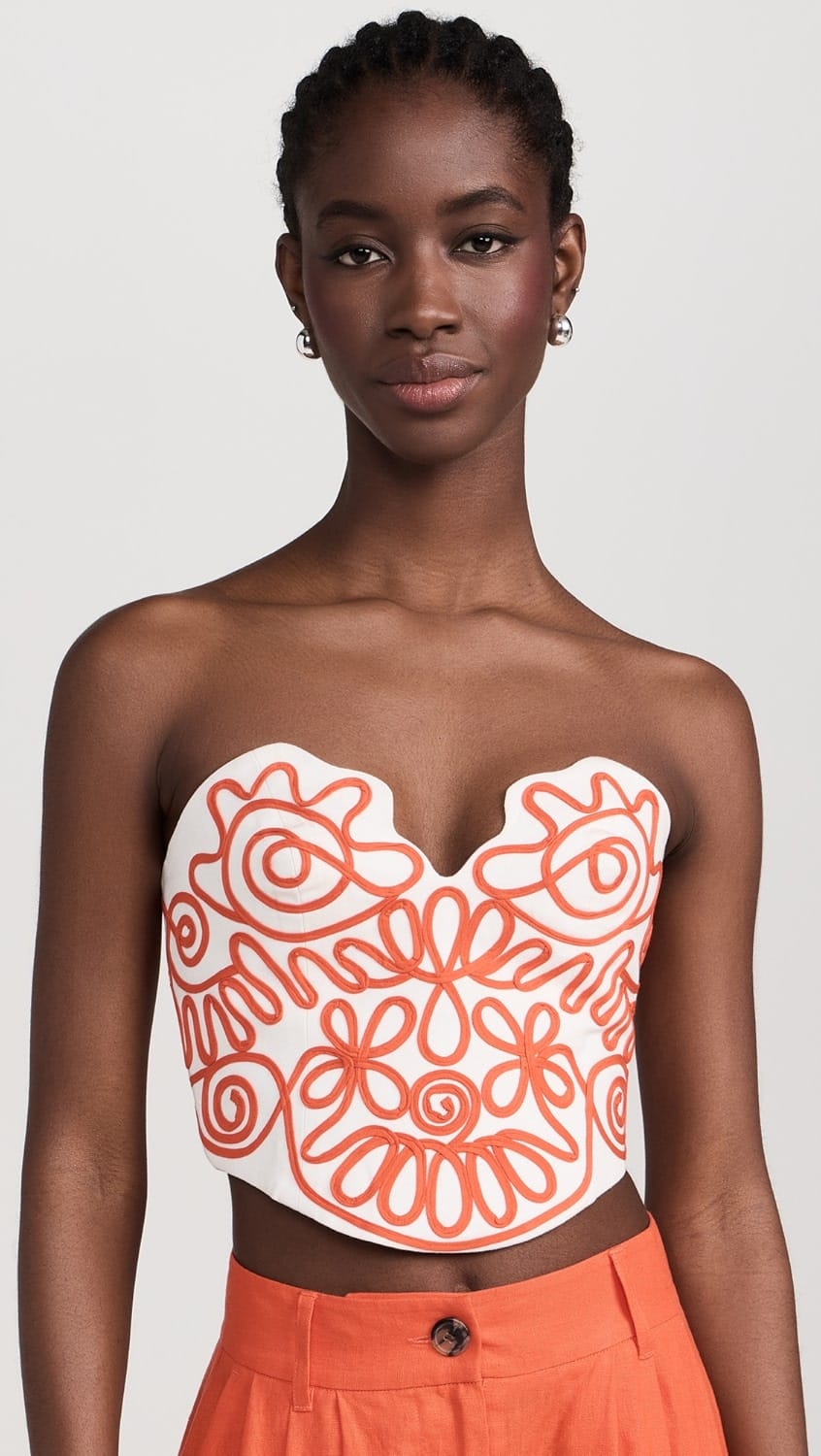 Embroidered Sweetheart Neckline Corset Top with Black Swirl Detailing